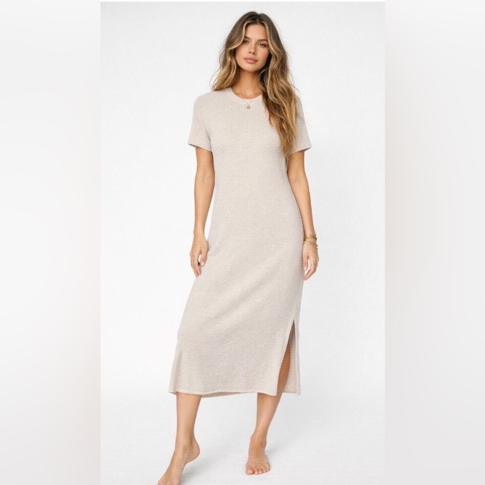 Barefoot Dreams CozyChic Ultra Lite SS Light Gray Maxi Midi Dress Side Slits MP - Picture 12 of 12